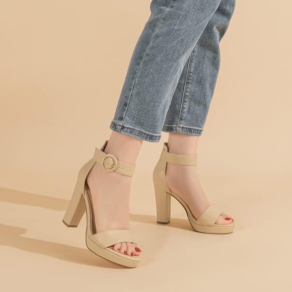 Amoji Women Pu-nude Faux Suede Open Toe High Heel Chunky Platform Sandals - Picture 8 of 8